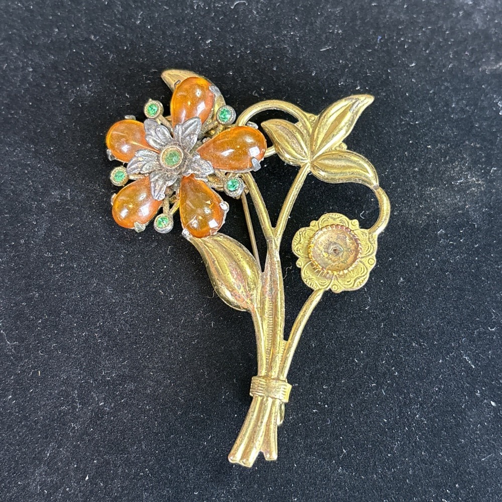 Vintage Gold Tone Faux Stone Flower Bouquet Brooch Pin For Repair‎